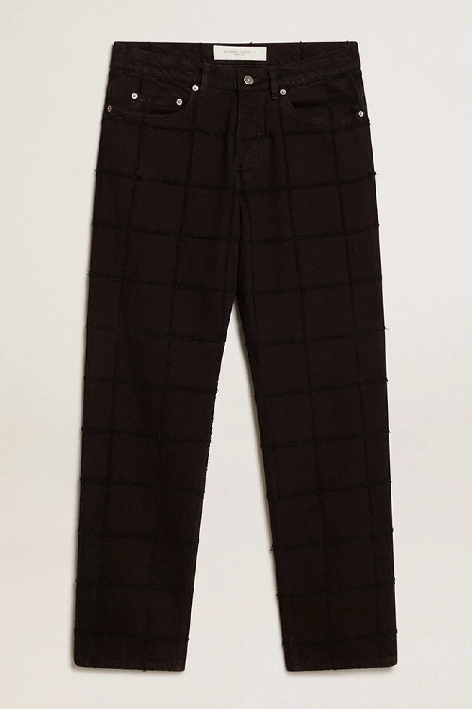 Fashion Golden Goose Calça de algodão preto com estampa xadrez efeito 3D Coleção Journey