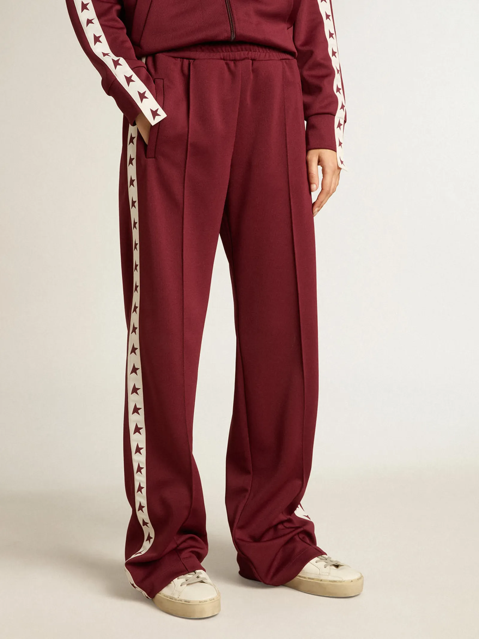 Cheap Golden Goose Calça de jogging feminina bordô com estrelas nas laterais Star Collection