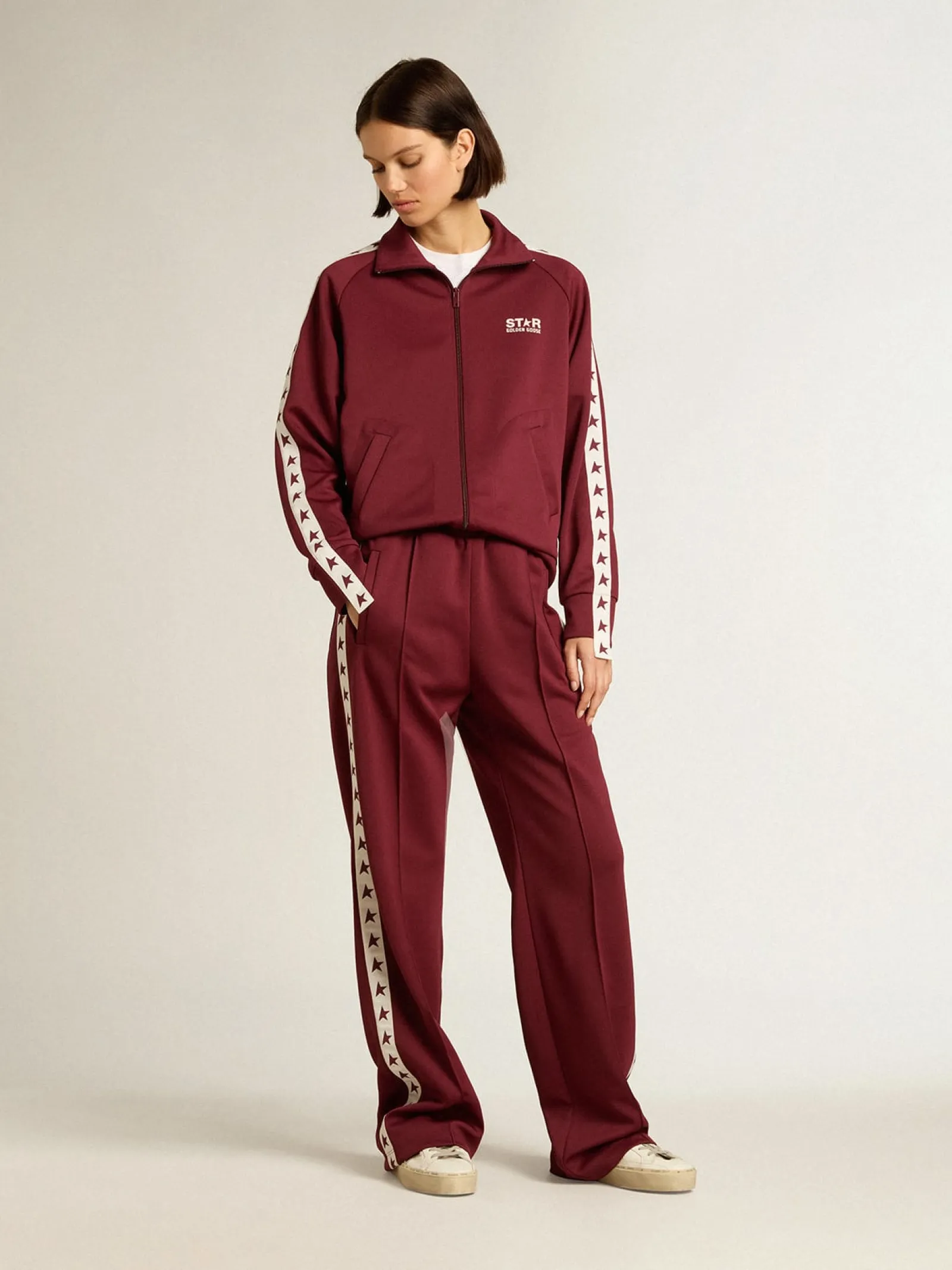 Cheap Golden Goose Calça de jogging feminina bordô com estrelas nas laterais Star Collection