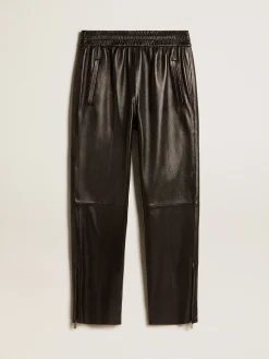 New Golden Goose Calça de jogging preta de napa com zíper no fundo Coleção Journey