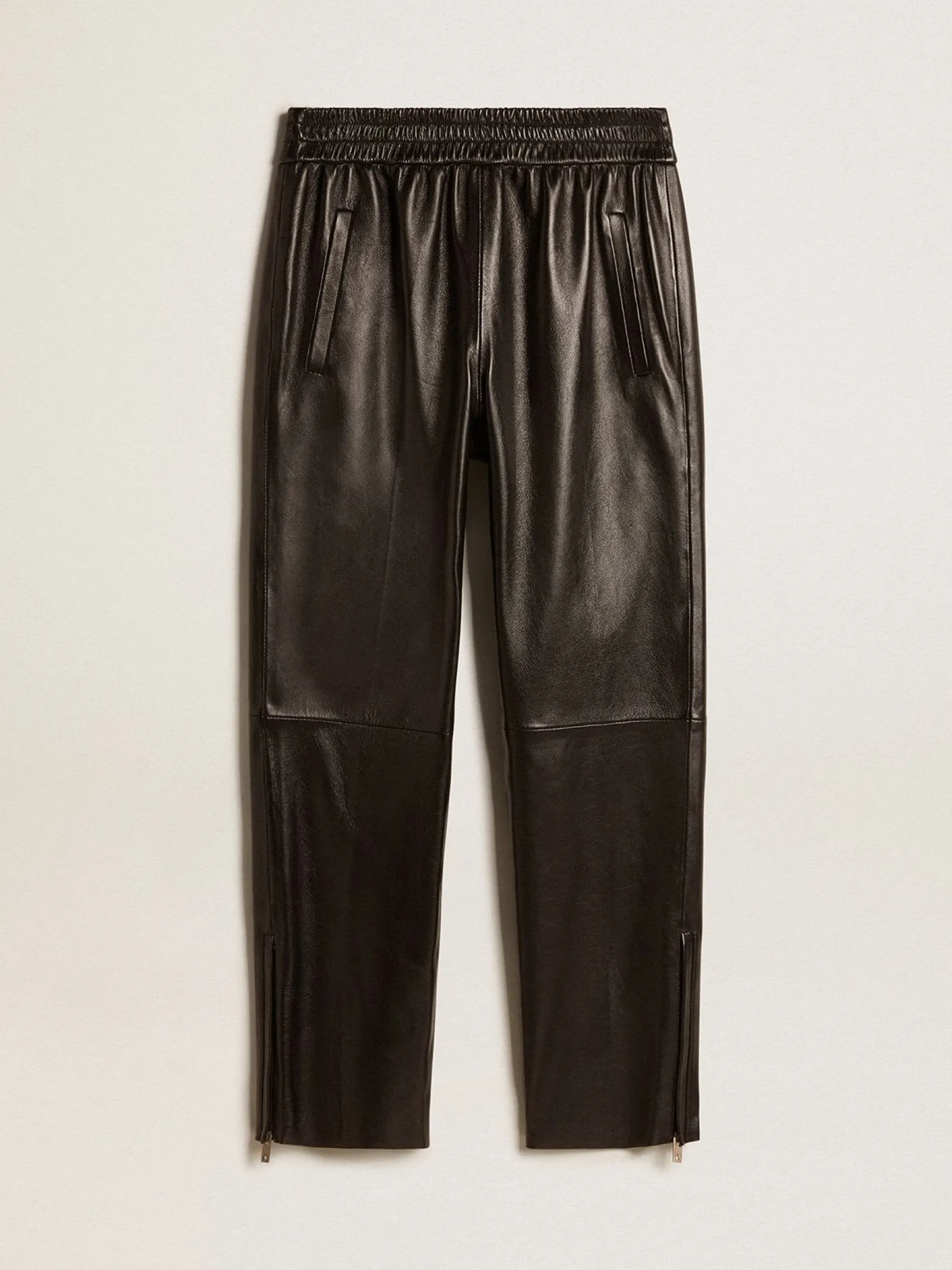 New Golden Goose Calça de jogging preta de napa com zíper no fundo Coleção Journey