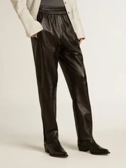 New Golden Goose Calça de jogging preta de napa com zíper no fundo Coleção Journey