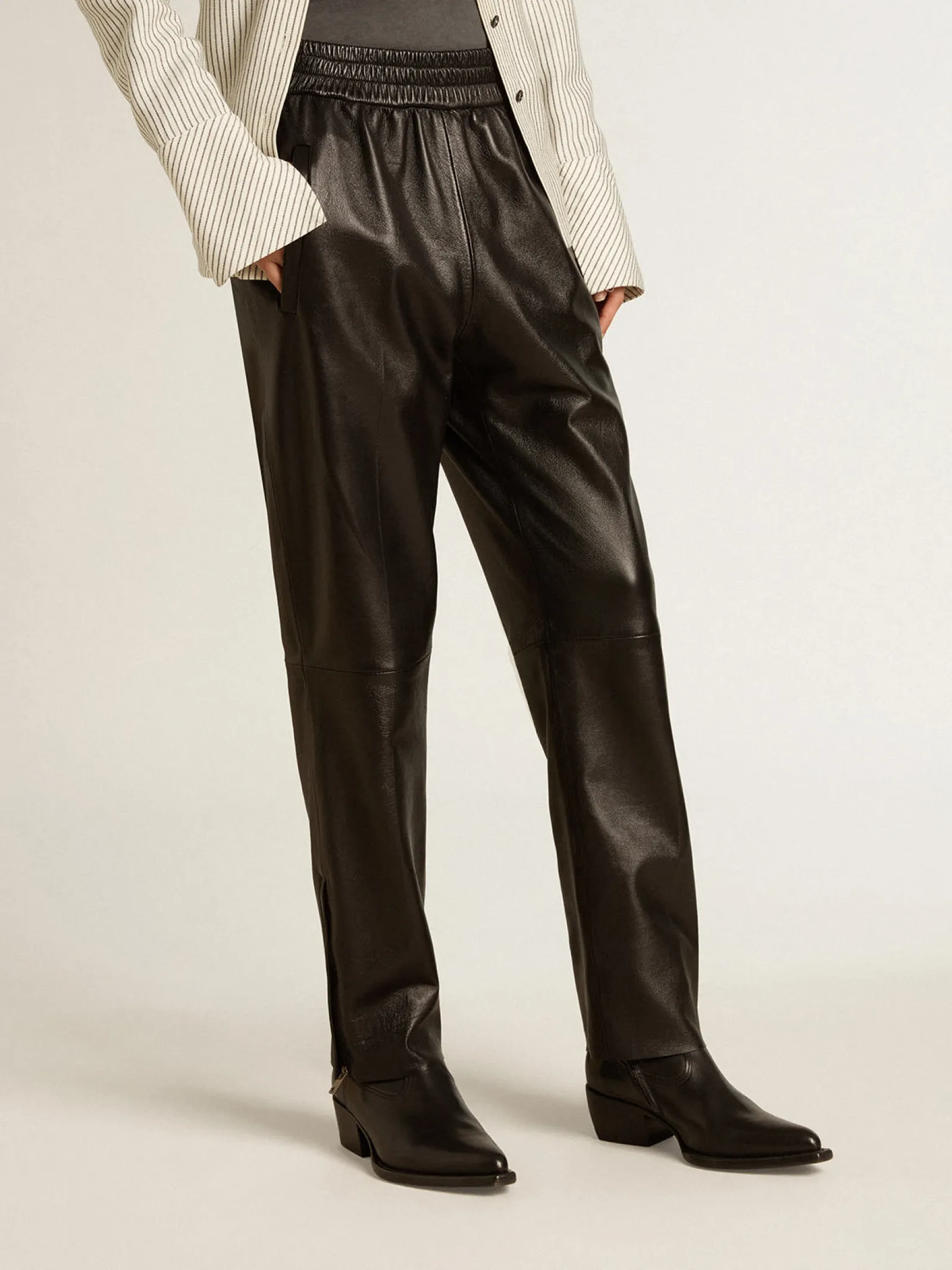 New Golden Goose Calça de jogging preta de napa com zíper no fundo Coleção Journey