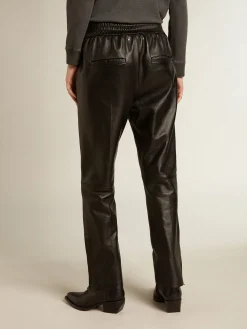 New Golden Goose Calça de jogging preta de napa com zíper no fundo Coleção Journey