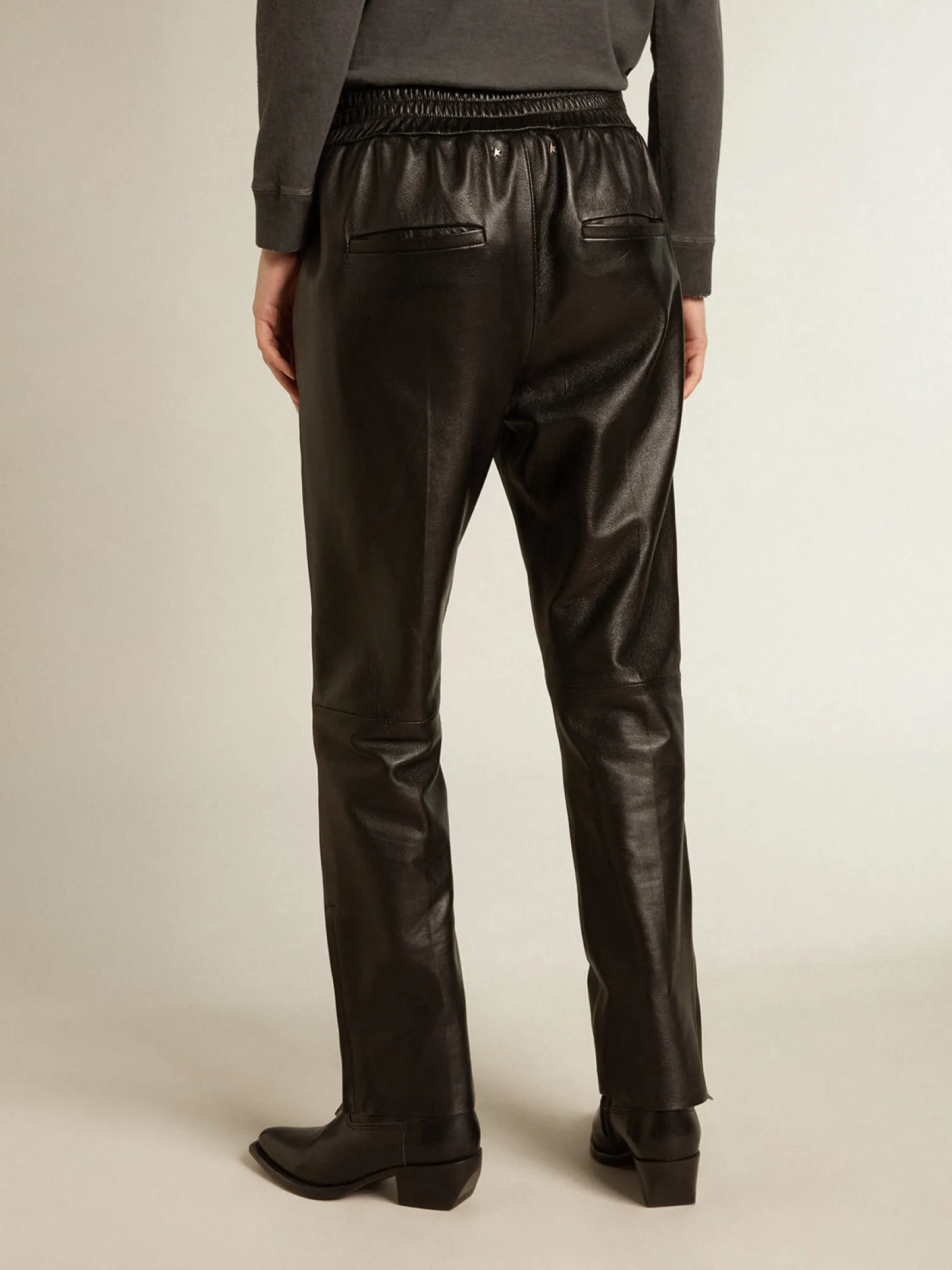 New Golden Goose Calça de jogging preta de napa com zíper no fundo Coleção Journey