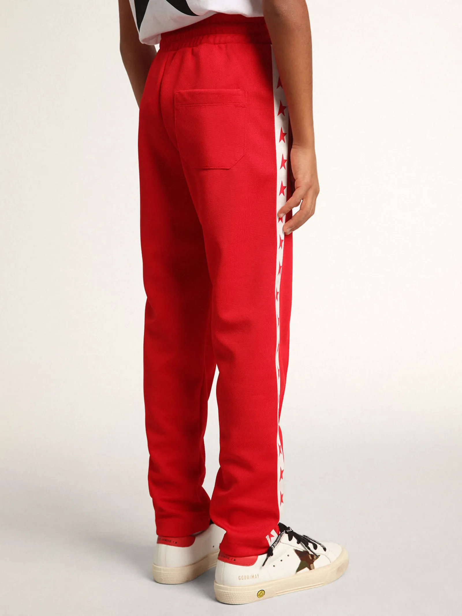 New Golden Goose Calça de jogging vermelha com listras brancas e estrelas vermelhas em contraste Star Collection