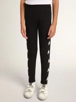 Discount Golden Goose Calça de legging infantil feminina preta com estrelas brancas nas laterais Coleção Star