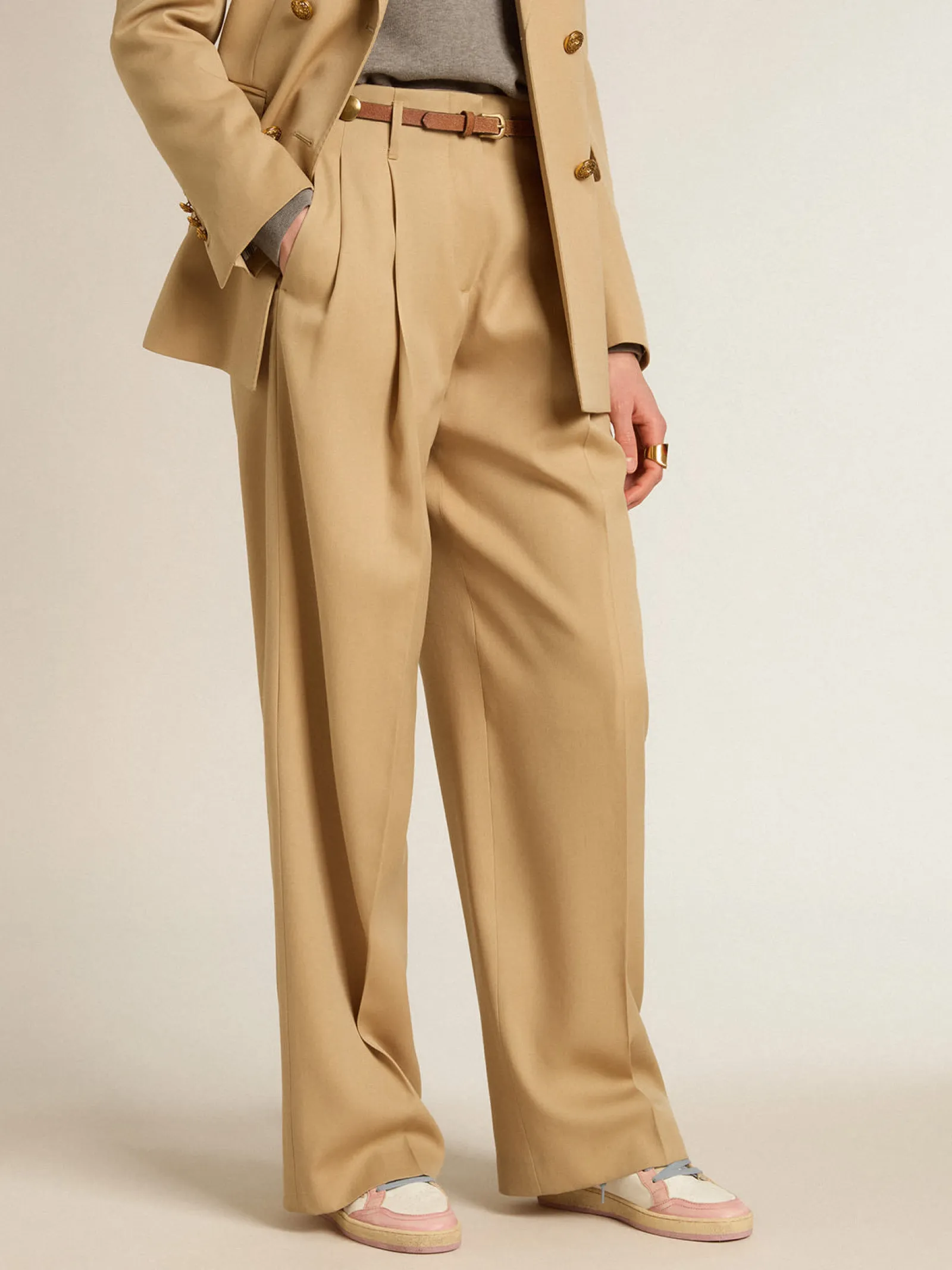 Clearance Golden Goose Calça feminina de gabardine de lã cor areia Golden Collection