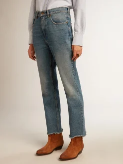 New Golden Goose Calça jeans cropped flare feminina com lavagem média Cor: azul