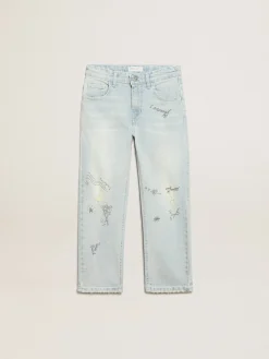 Fashion Golden Goose Calça jeans desbotada infantil masculina com tratamento desgastado Golden Collection