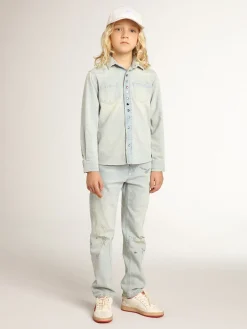 Fashion Golden Goose Calça jeans desbotada infantil masculina com tratamento desgastado Golden Collection