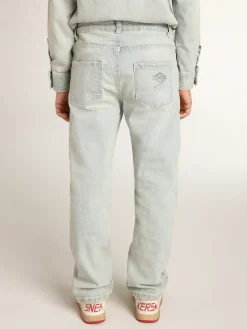 Fashion Golden Goose Calça jeans desbotada infantil masculina com tratamento desgastado Golden Collection
