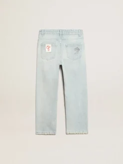 Fashion Golden Goose Calça jeans desbotada infantil masculina com tratamento desgastado Golden Collection