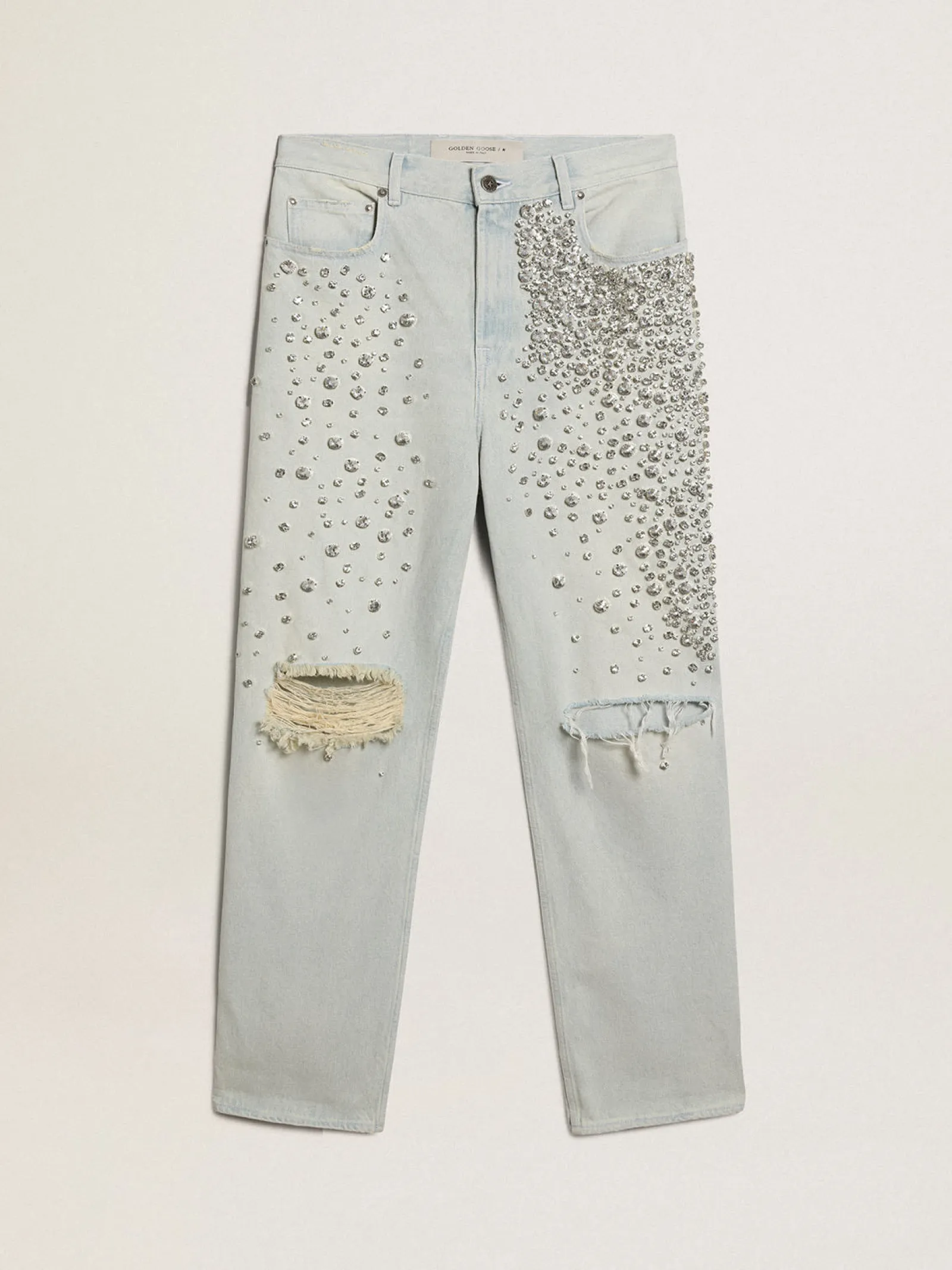 Online Golden Goose Calça jeans feminina desbotada com cristais cabochão Cor: azul desbotado