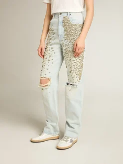 Online Golden Goose Calça jeans feminina desbotada com cristais cabochão Cor: azul desbotado