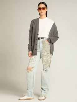 Online Golden Goose Calça jeans feminina desbotada com cristais cabochão Cor: azul desbotado