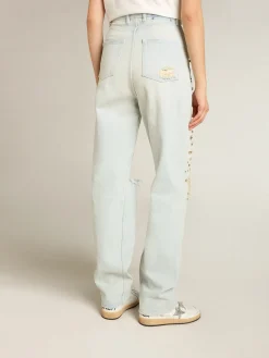 Online Golden Goose Calça jeans feminina desbotada com cristais cabochão Cor: azul desbotado