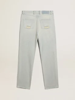 Online Golden Goose Calça jeans feminina desbotada com cristais cabochão Cor: azul desbotado