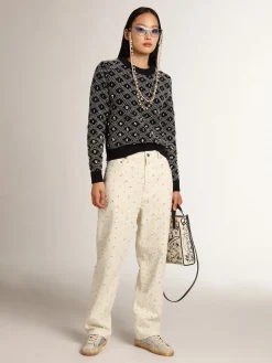 Clearance Golden Goose Calça jeans Kim Coleção Journey de algodão branco sujo com motivos de losangos e aplicação de pérolas e cristais Cor: branco sujo