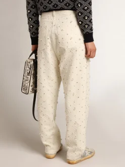 Clearance Golden Goose Calça jeans Kim Coleção Journey de algodão branco sujo com motivos de losangos e aplicação de pérolas e cristais Cor: branco sujo