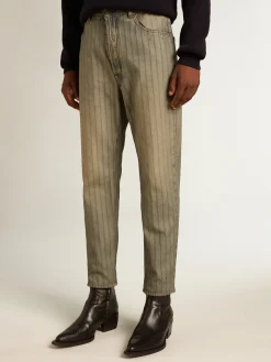 Outlet Golden Goose Calça jeans masculina listrada cinza Coleção Journey