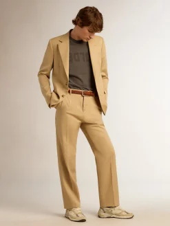 Hot Golden Goose Calça masculina de gabardine de lã cor areia Golden Collection