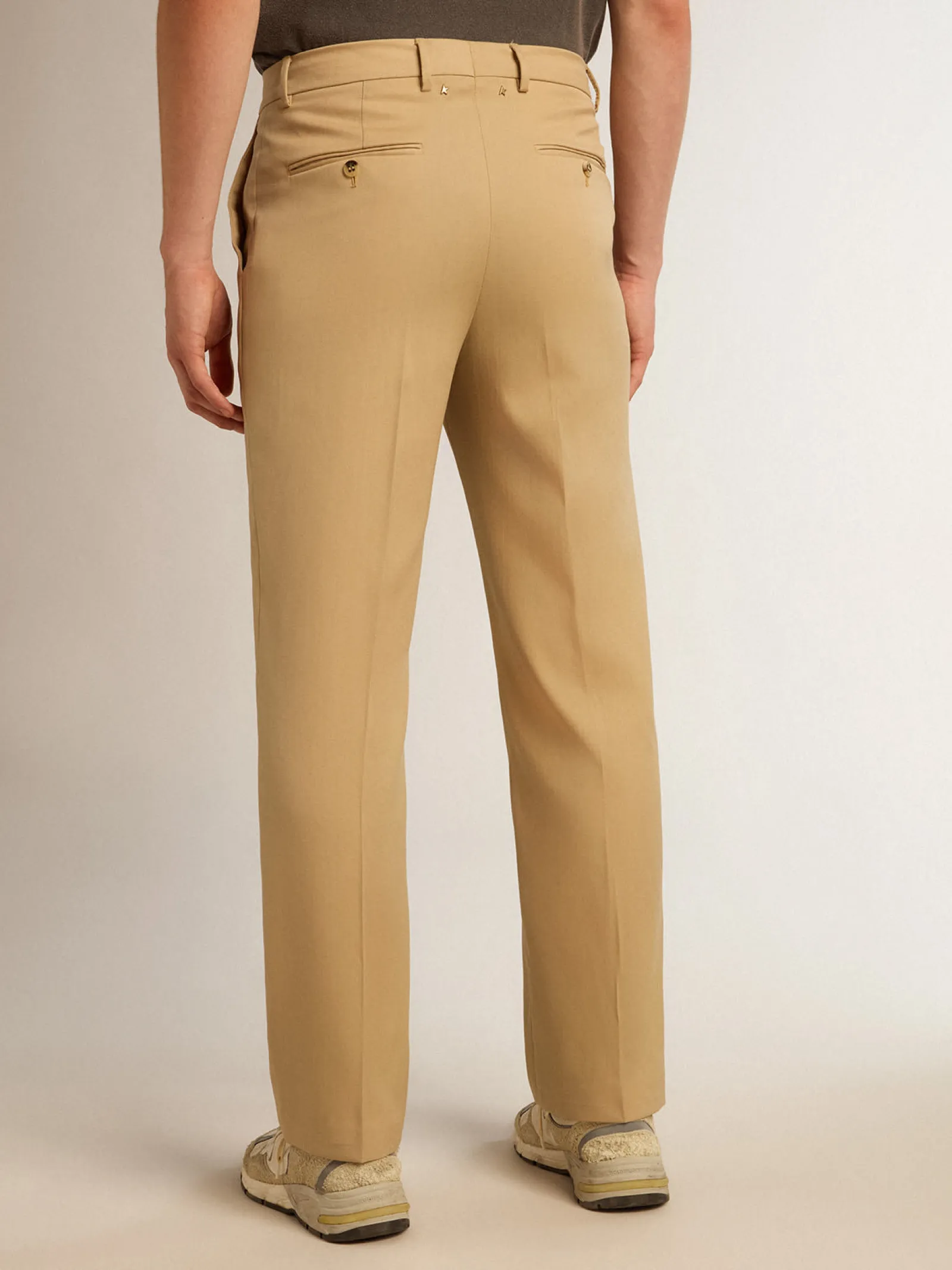 Hot Golden Goose Calça masculina de gabardine de lã cor areia Golden Collection