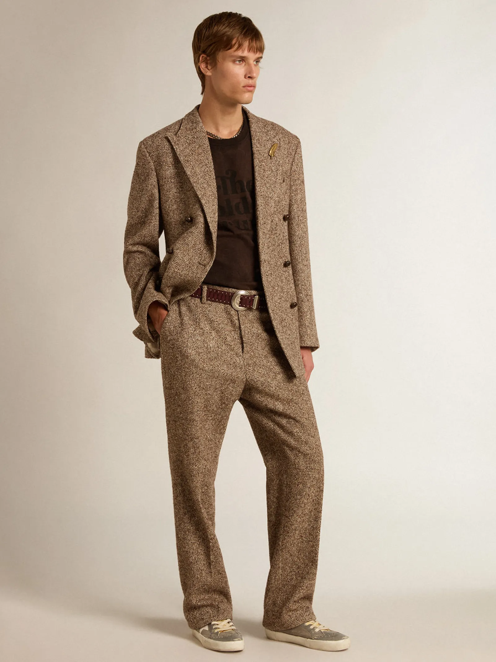 Discount Golden Goose Calça masculina de misto lã e seda bege e marrom Coleção Journey