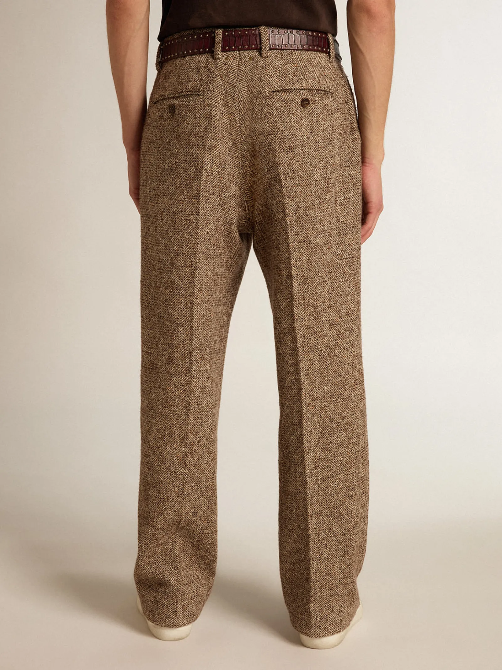 Discount Golden Goose Calça masculina de misto lã e seda bege e marrom Coleção Journey