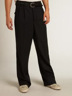 Shop Golden Goose Calça masculina de perna larga de lã azul-escura Cor: azul-escuro