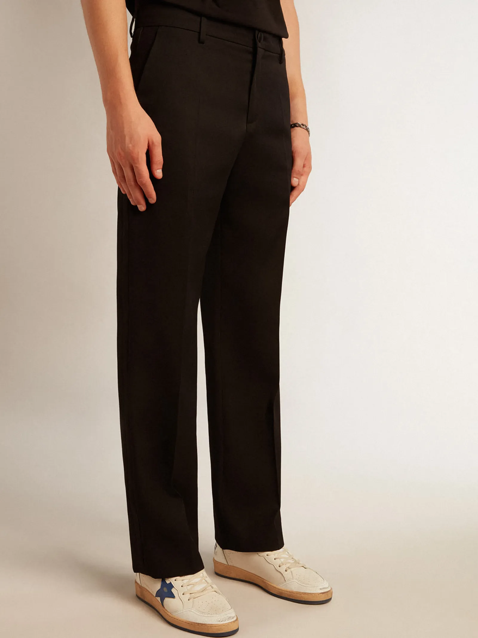 Discount Golden Goose Calça smoking masculina em gabardine de lã preta Coleção Journey