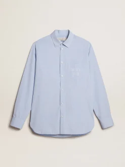 Best Sale Golden Goose Camisa azul bebê de algodão com bordado no bolso Coleção Journey