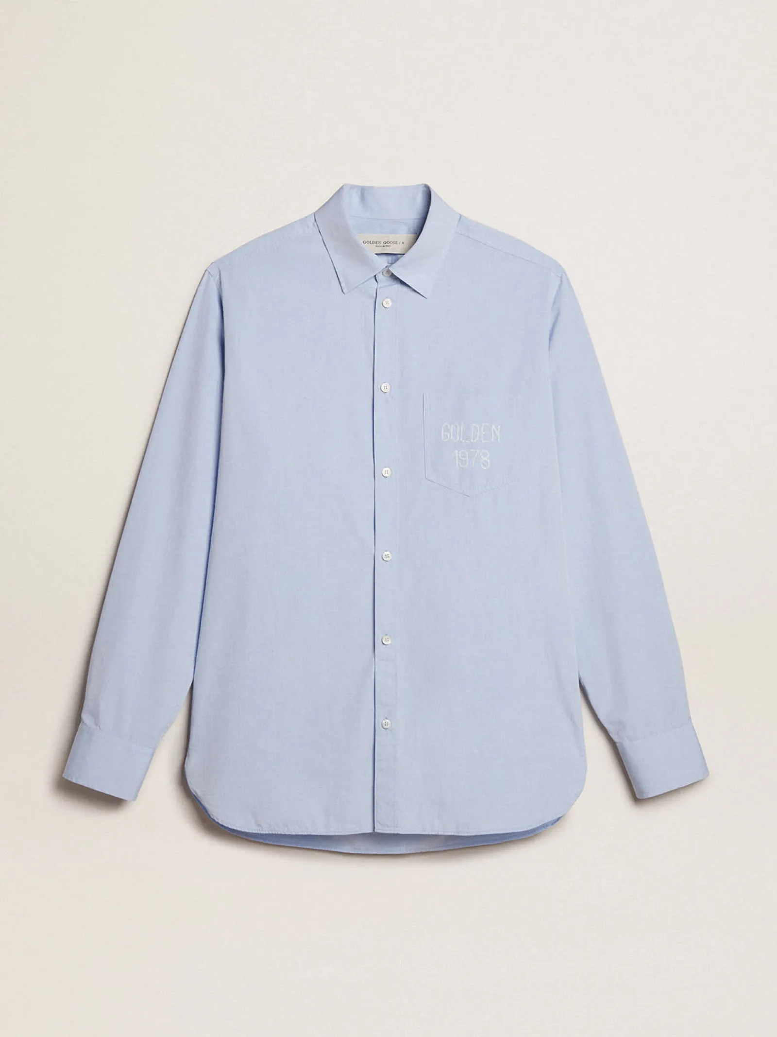 Best Sale Golden Goose Camisa azul bebê de algodão com bordado no bolso Coleção Journey
