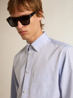 Best Sale Golden Goose Camisa azul bebê de algodão com bordado no bolso Coleção Journey