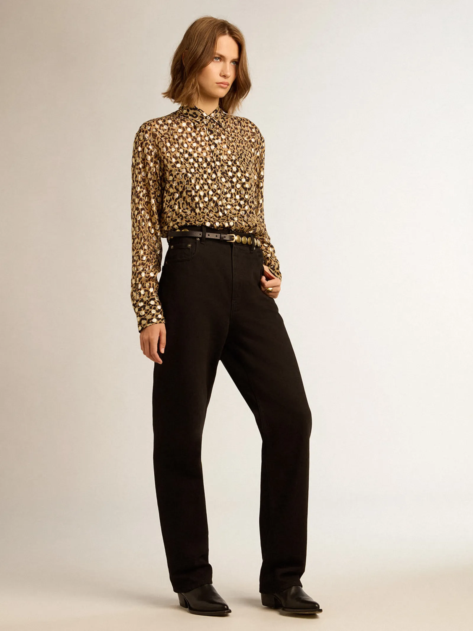 Clearance Golden Goose Camisa boyfriend feminina com estampa animal print e fio coupé dourado Golden Collection
