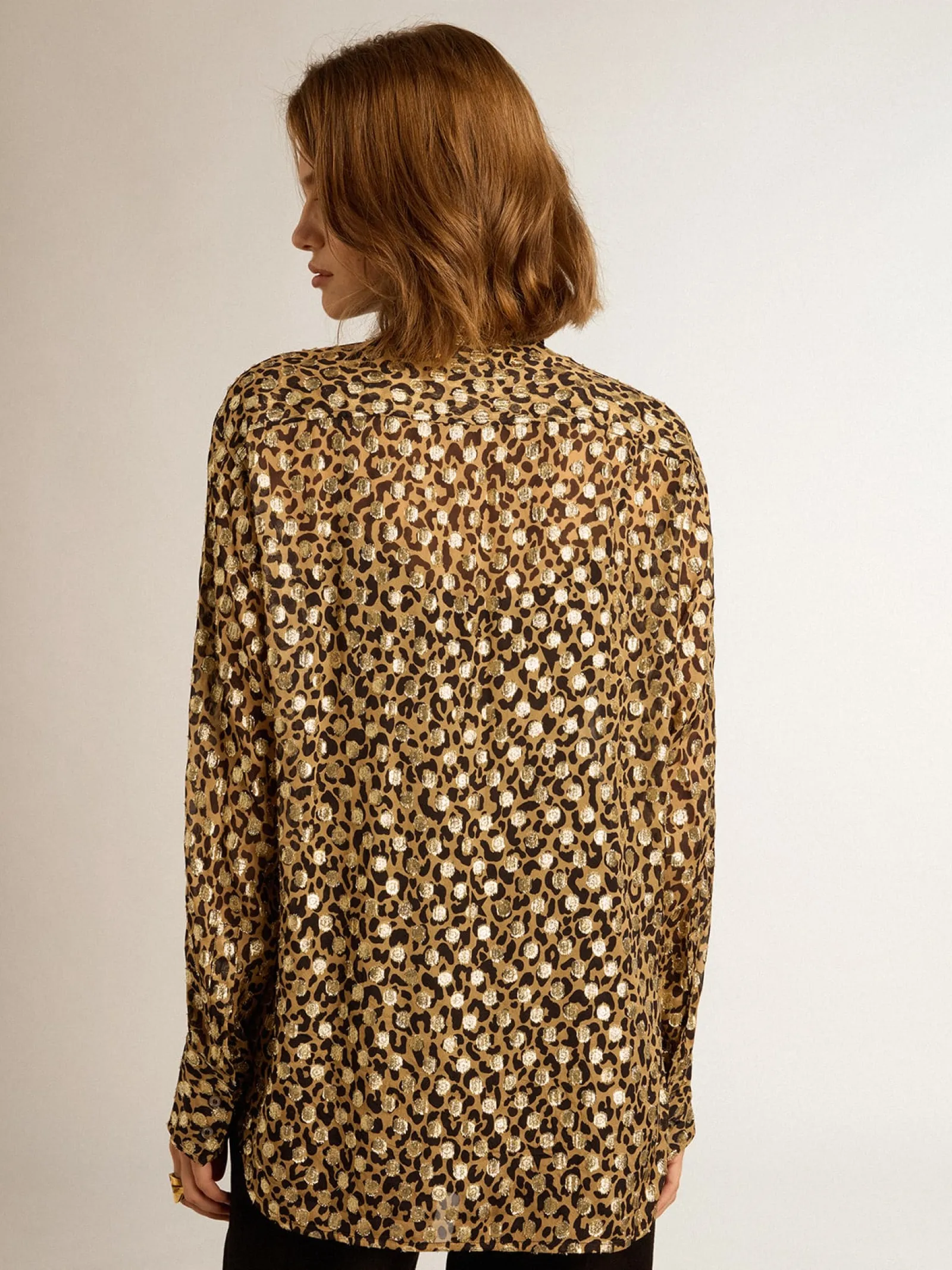 Clearance Golden Goose Camisa boyfriend feminina com estampa animal print e fio coupé dourado Golden Collection