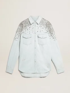 Outlet Golden Goose Camisa boyfriend feminina desbotada com cristais cabochão Cor: azul desbotado