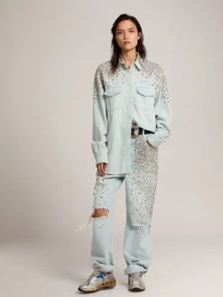 Outlet Golden Goose Camisa boyfriend feminina desbotada com cristais cabochão Cor: azul desbotado