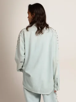 Outlet Golden Goose Camisa boyfriend feminina desbotada com cristais cabochão Cor: azul desbotado
