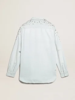 Outlet Golden Goose Camisa boyfriend feminina desbotada com cristais cabochão Cor: azul desbotado