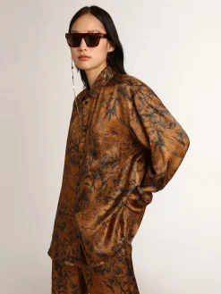 Discount Golden Goose Camisa boyfriend feminina marrom dourado com estampa caderno de viagem Cor: marrom dourado