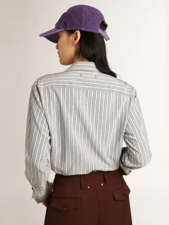 Store Golden Goose Camisa boyfriend feminina com listras cor de água Cor: água