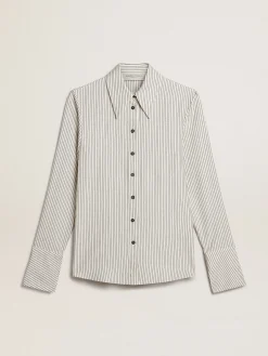 Clearance Golden Goose Camisa branca feminina de viscose com estampa de listras finas pretas Coleção Journey