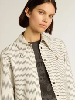 Clearance Golden Goose Camisa branca feminina de viscose com estampa de listras finas pretas Coleção Journey