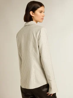 Clearance Golden Goose Camisa branca feminina de viscose com estampa de listras finas pretas Coleção Journey