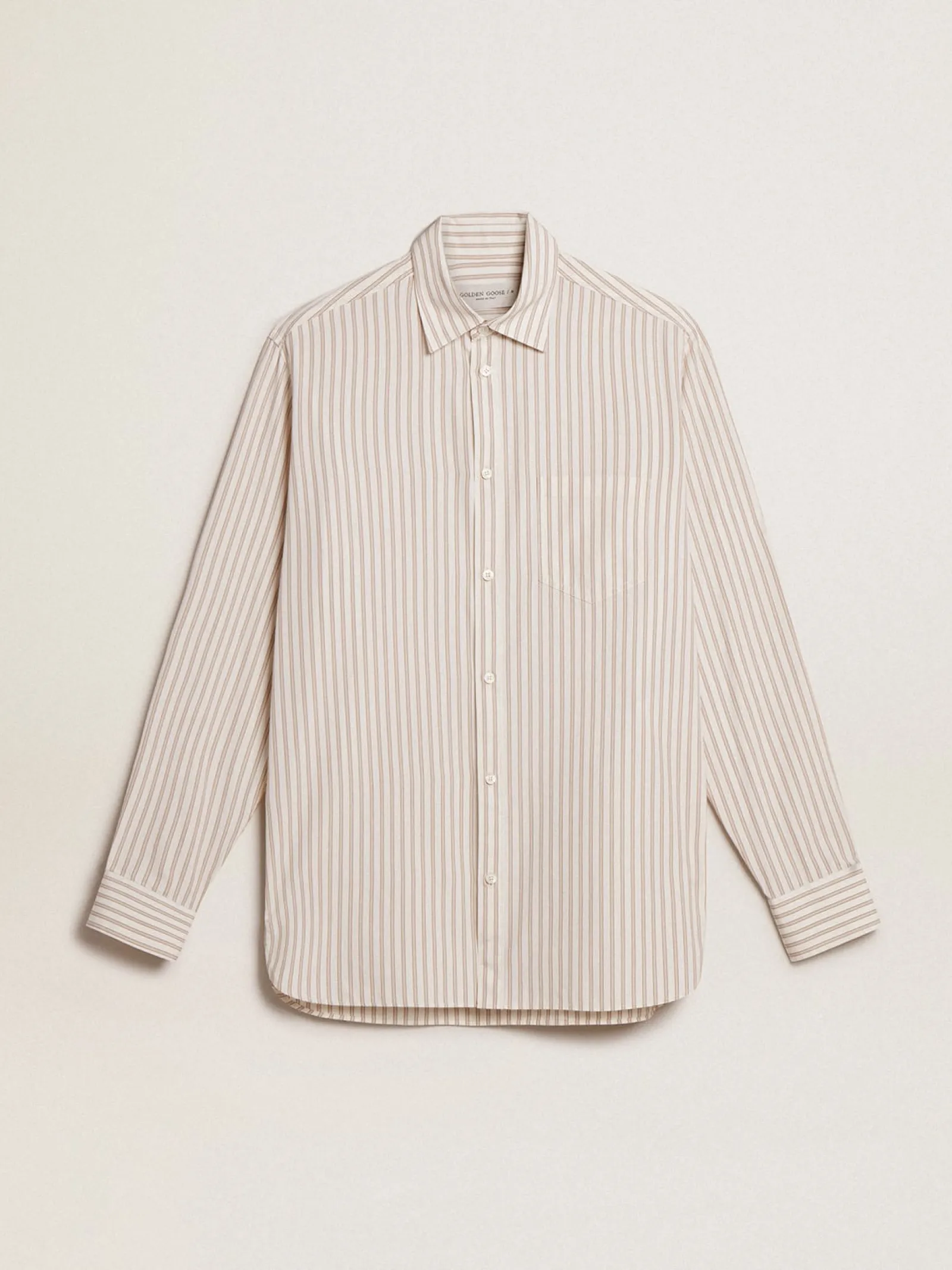 Store Golden Goose Camisa branca masculina de algodão com estampa de listras bege Coleção Journey