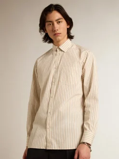 Store Golden Goose Camisa branca masculina de algodão com estampa de listras bege Coleção Journey