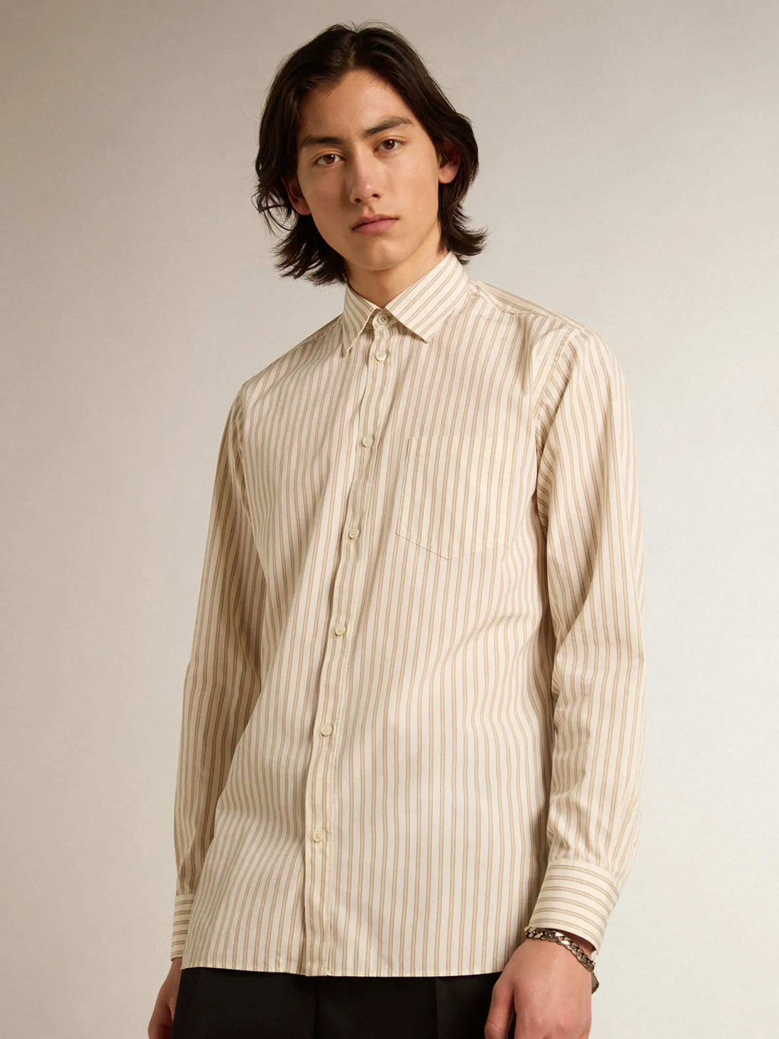 Store Golden Goose Camisa branca masculina de algodão com estampa de listras bege Coleção Journey