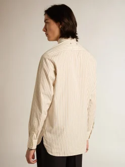 Store Golden Goose Camisa branca masculina de algodão com estampa de listras bege Coleção Journey