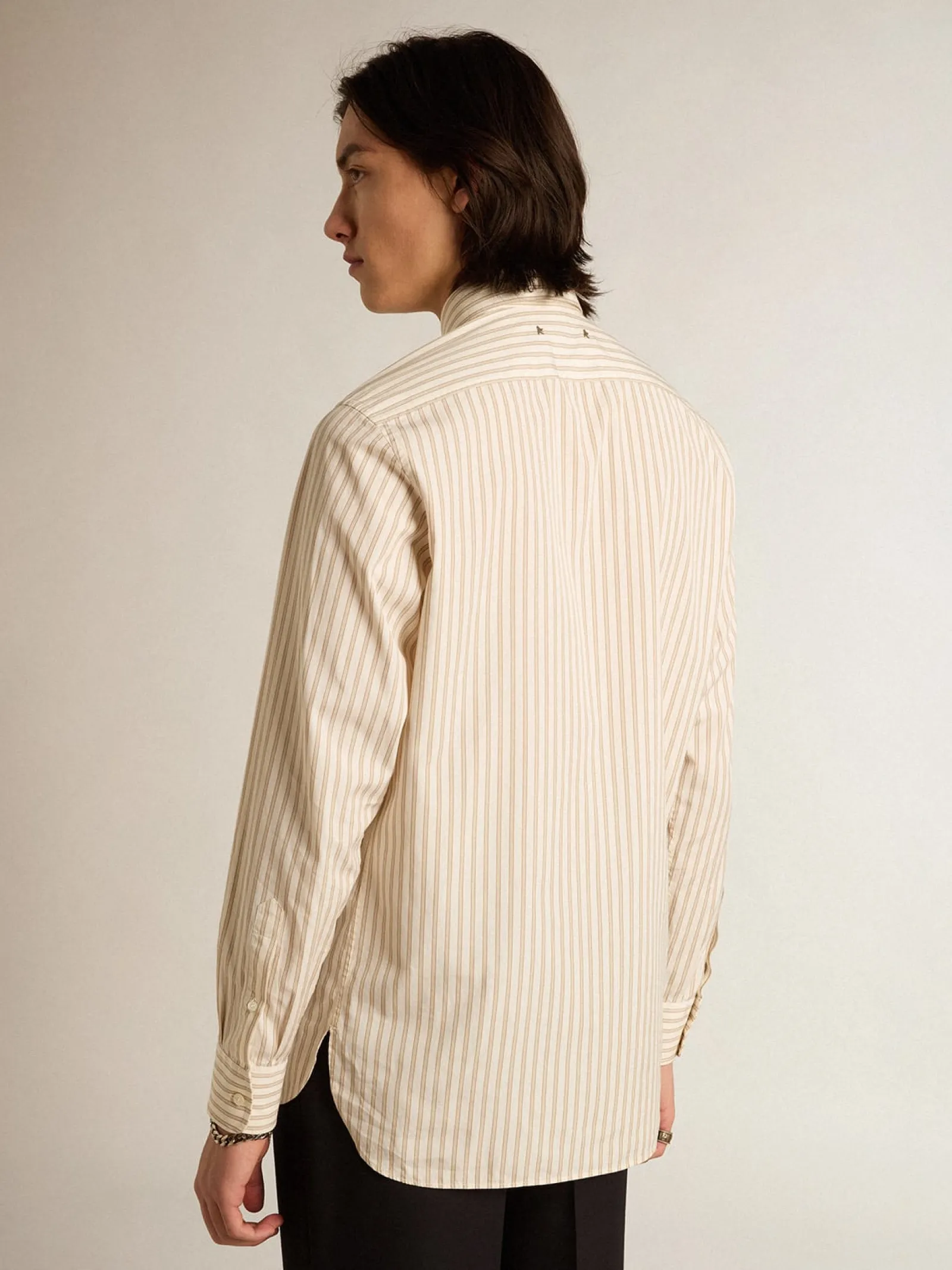 Store Golden Goose Camisa branca masculina de algodão com estampa de listras bege Coleção Journey
